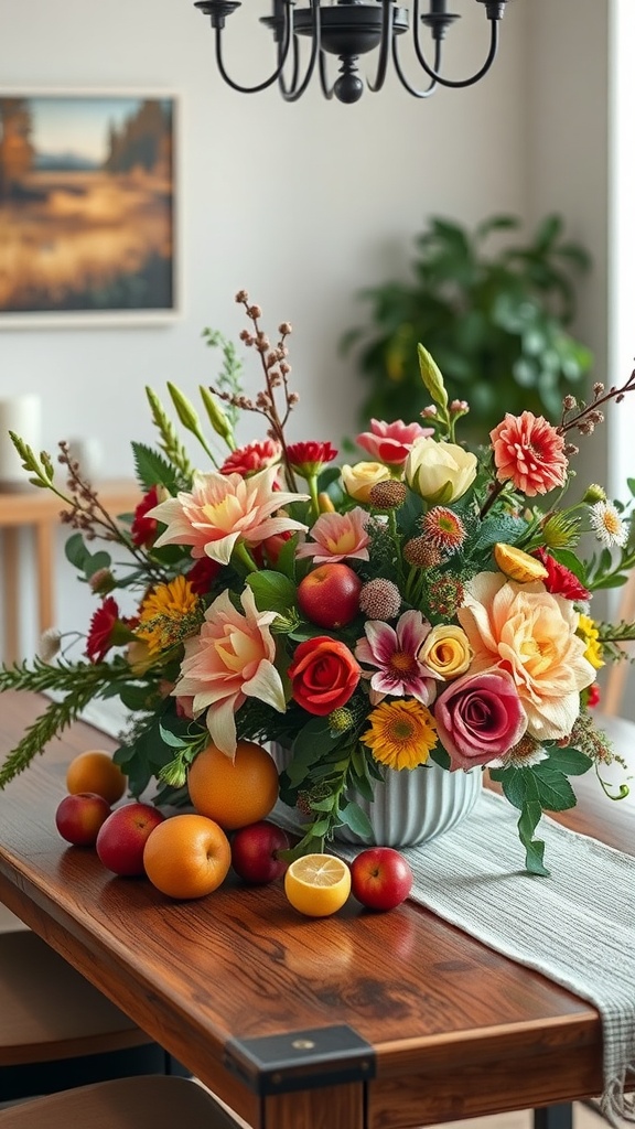 A colorful arrangement of flowers and fruits as a dining table centerpiece