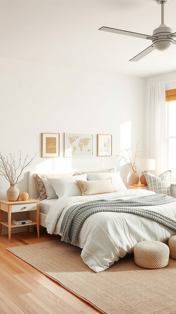A cozy coastal bedroom featuring soft colors, a plush bed, and natural light.