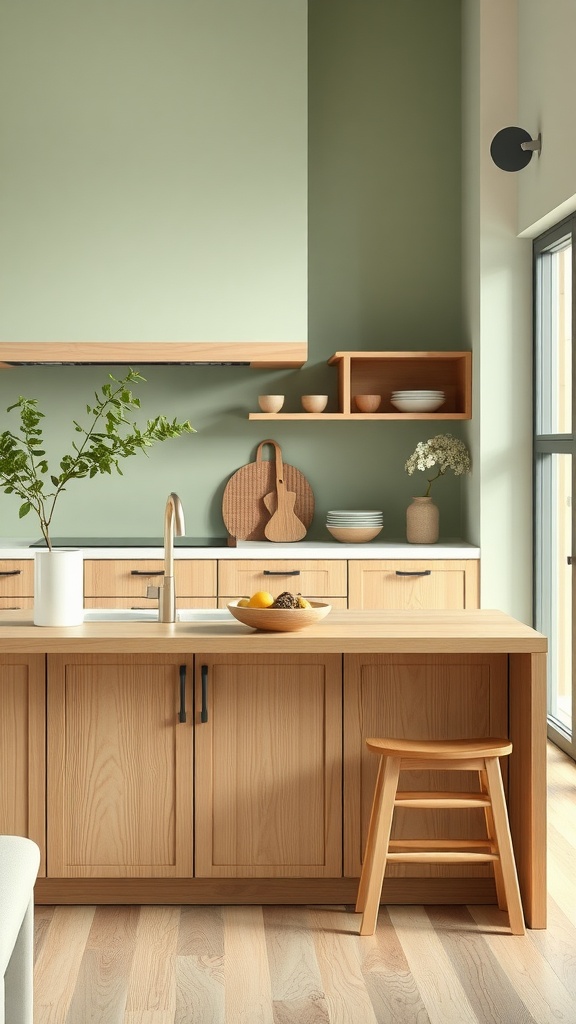 A modern kitchen featuring soft green walls, wooden cabinets, and a simple fruit bowl.