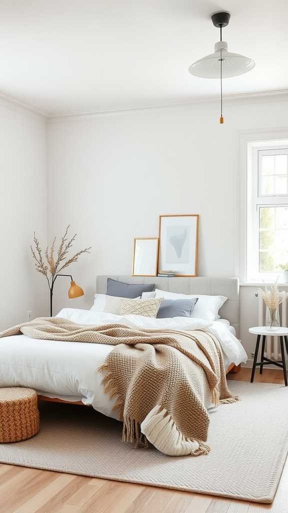 A minimalist Scandinavian bedroom with a cozy bed, neutral color palette, and simple decor.
