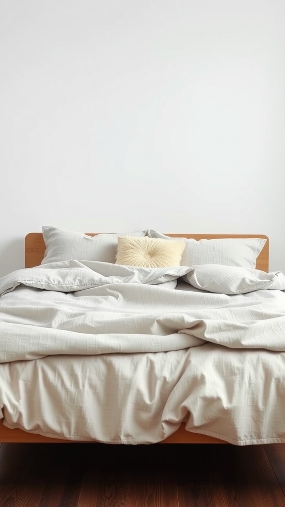 A neatly made bed with neutral bedding and a decorative pillow, showcasing a simple and elegant design.