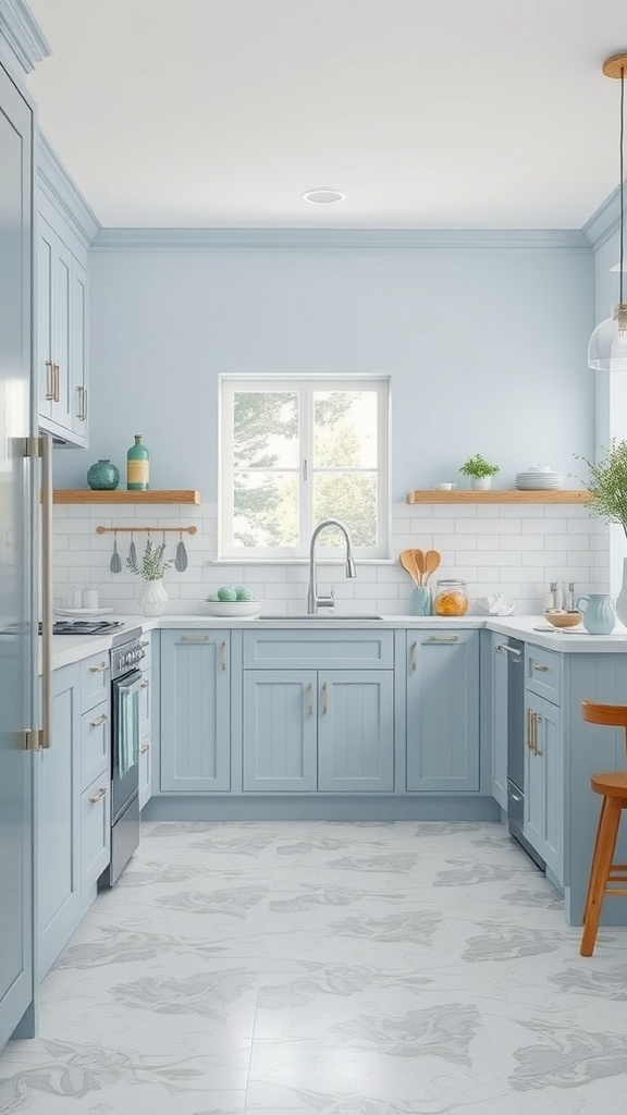 A kitchen featuring sky blue cabinets and light gray countertops, with wooden shelves and natural light.