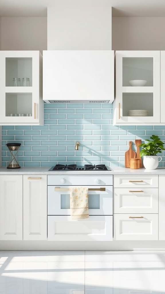 Modern farmhouse kitchen with sky blue backsplash tiles and white cabinetry.