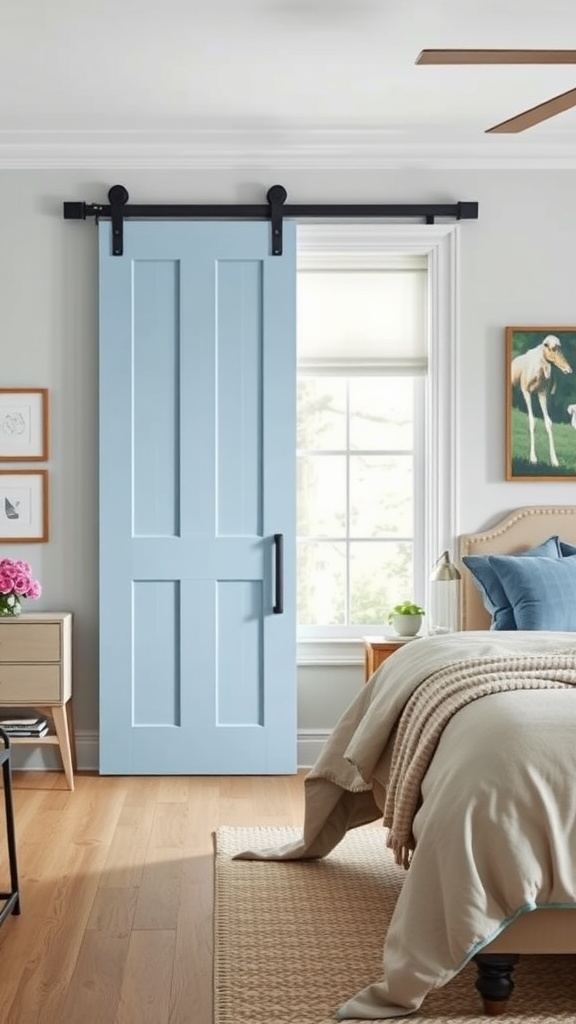 A sky blue barn door in a modern farmhouse bedroom, complementing a neutral decor style.