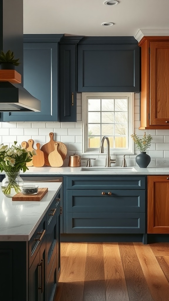 A kitchen with slate blue cabinets and honey oak accents, featuring a bright window and modern appliances.