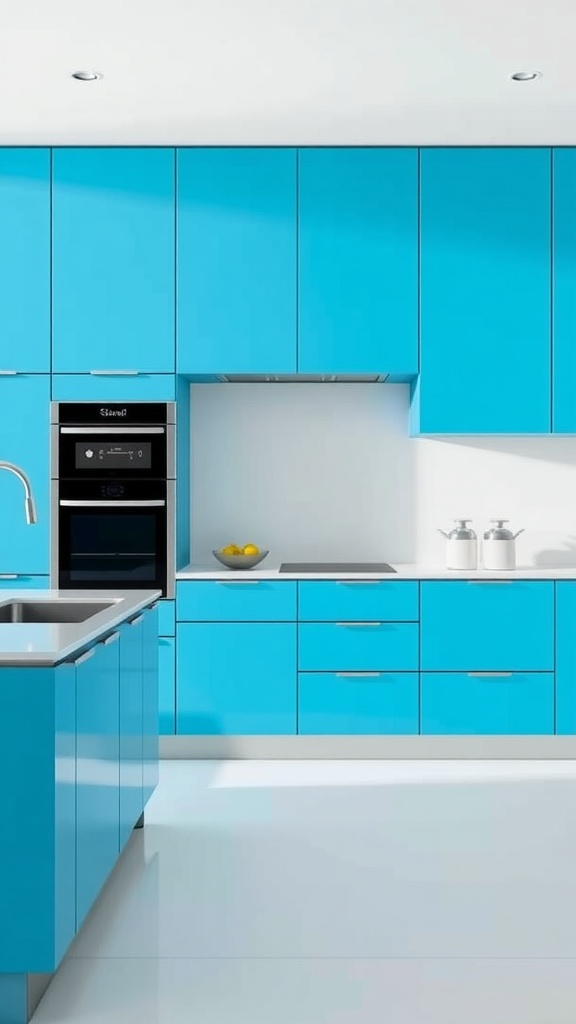 A modern kitchen with bright blue cabinetry and sleek black appliances.