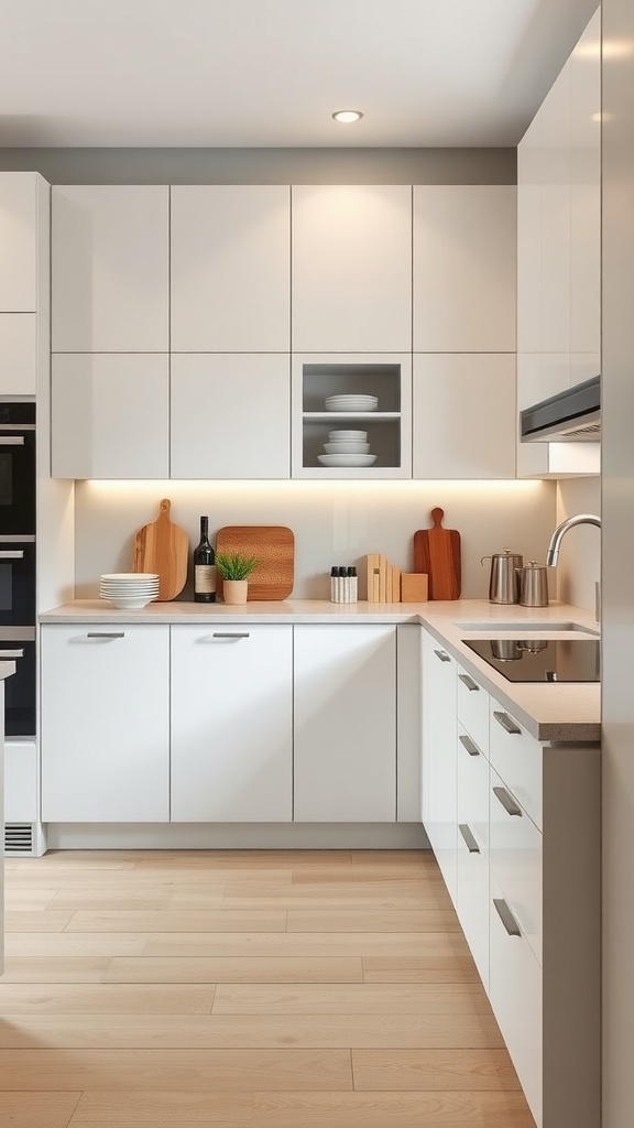 A modern Scandinavian kitchen with sleek white cabinetry and hidden storage solutions.