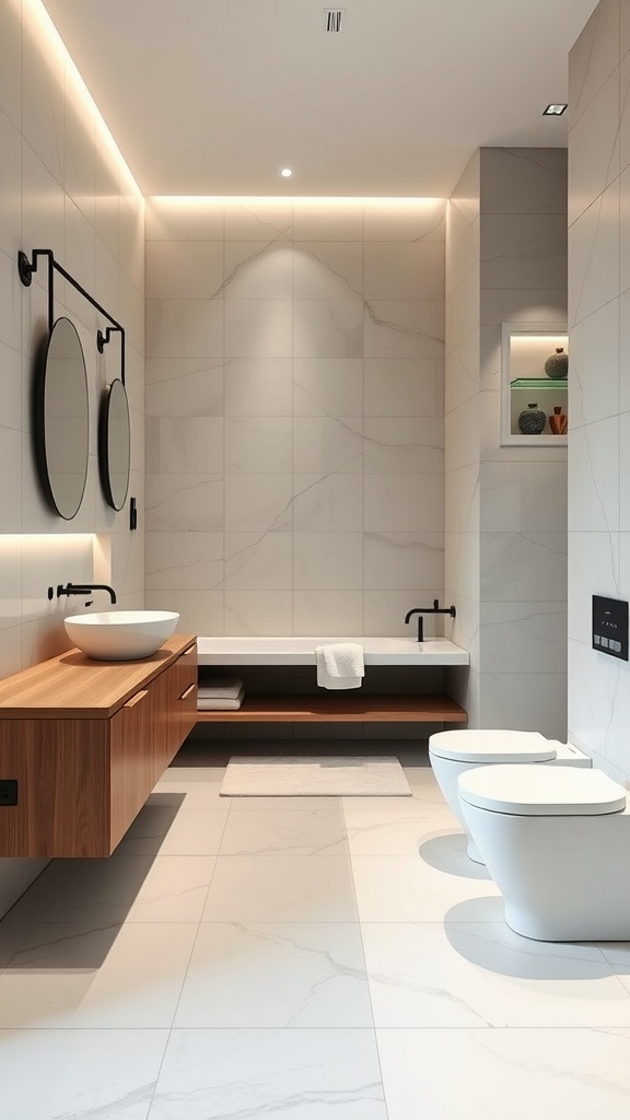 A modern Japandi bathroom featuring sleek lines, a wooden vanity, round mirrors, and elegant lighting.