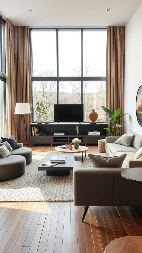 A cozy Scandinavian living room featuring gray sofas, a black coffee table, and wooden accents