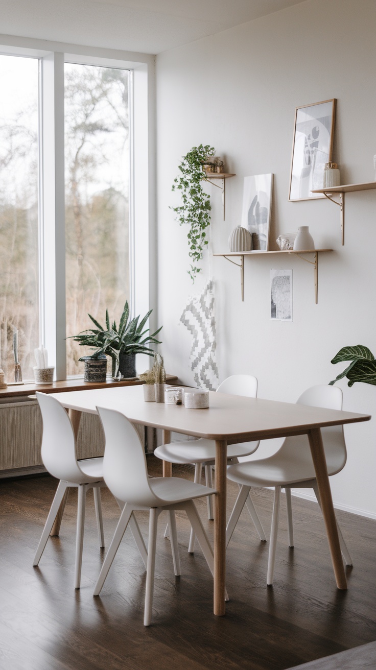 A minimalist Scandinavian dining room featuring a wooden table, simple chairs, and natural light.