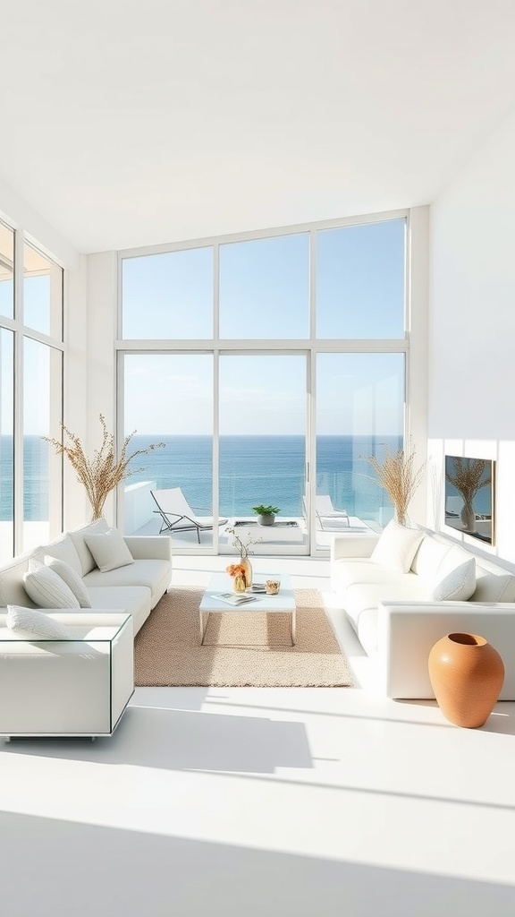 A modern coastal living room with white interiors and a view of the ocean through large windows.