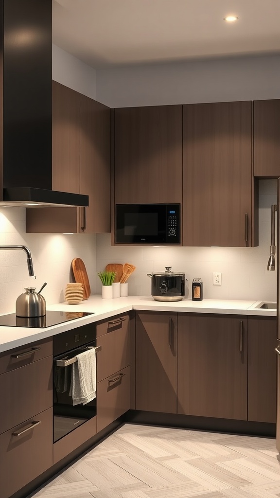 A modern Scandinavian kitchen featuring dark cabinetry and integrated appliances.