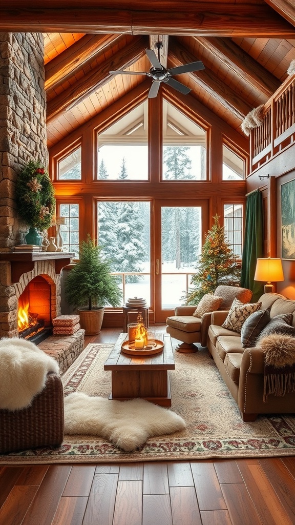 Cozy living room with a stone fireplace, large windows showing a snowy landscape, and holiday decorations.