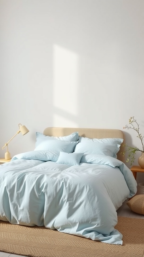 A bedroom featuring soft blue bedding, with a light blue duvet and matching pillows, complemented by natural elements
