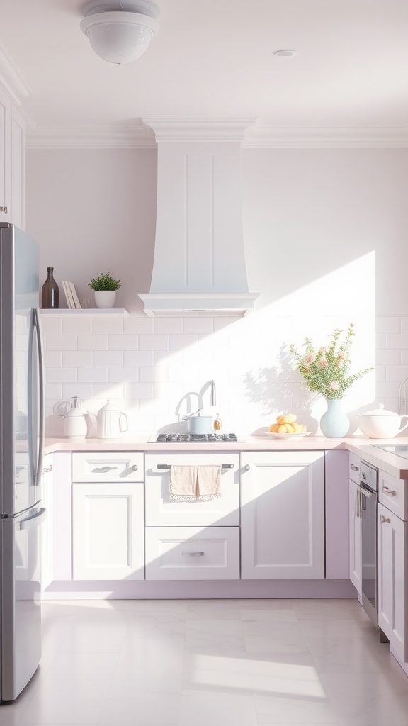 A modern kitchen with soft lavender cabinets and white countertops, featuring sunlight streaming in and decorative elements like flowers and fruit.
