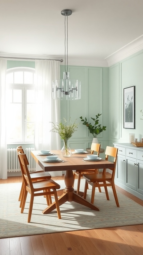 A dining room featuring soft mint walls and a natural wood table with four chairs.