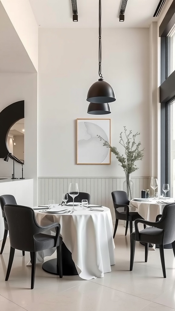 A dining room featuring soft neutral colors with black accents, showcasing a modern table setting.