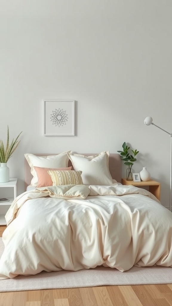 A cozy bedroom with soft pastel bedding and minimalist decor.