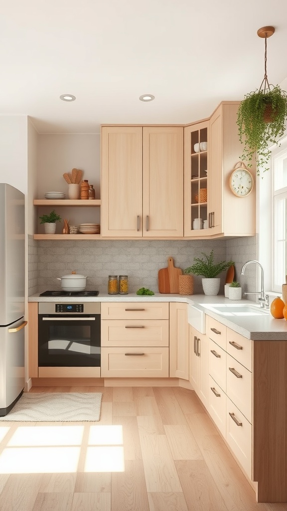 A Japandi-inspired kitchen featuring light maple cabinetry and soft rose tones.
