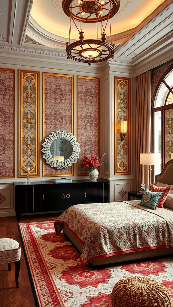 Elegant bedroom with Art Deco design elements, featuring intricate wall patterns, a chandelier, and stylish furniture.