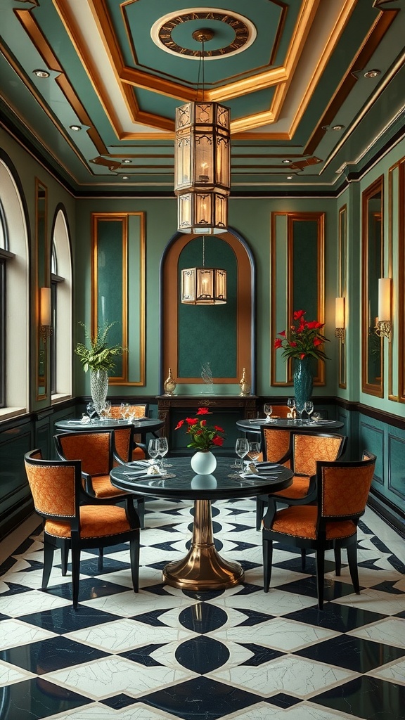 A sophisticated dining room designed in Art Deco style featuring teal and gold colors, a decorative ceiling, elegant furniture, and a geometric patterned floor.
