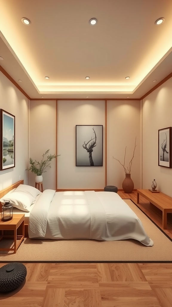 A serene Asian Zen bedroom with wooden flooring, a simple bed, and nature-inspired artwork.