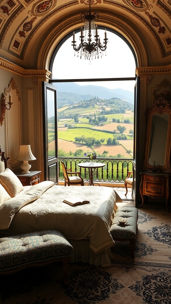 A luxurious traditional bedroom in an Italian villa, featuring a view of rolling hills through large windows.