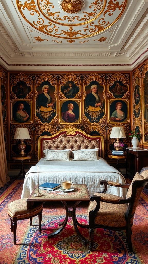 A sophisticated traditional bedroom featuring a plush bed, ornate ceiling, and beautifully detailed wallpaper with framed portraits.