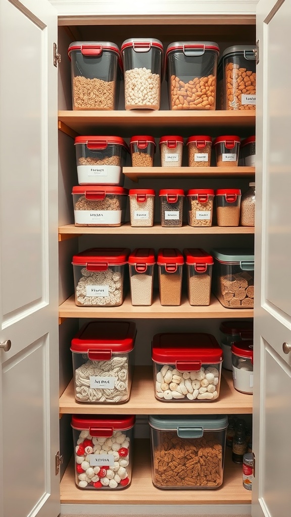 Organized pantry with stackable storage containers filled with various ingredients