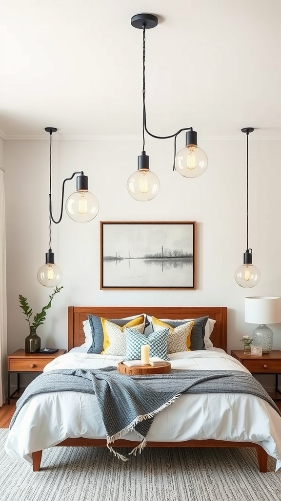 A modern farmhouse bedroom featuring statement pendant lighting above a bed