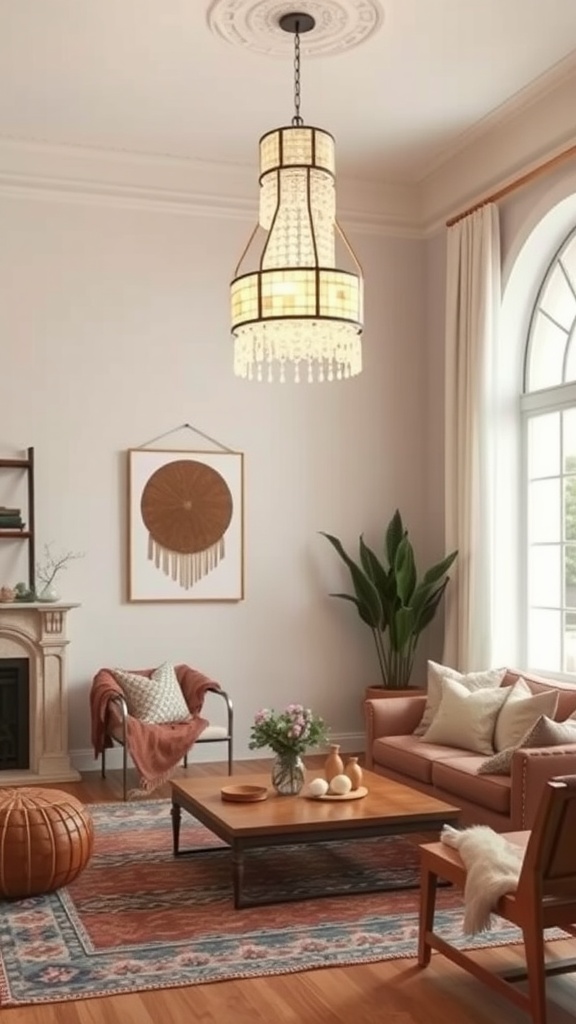 A boho living room featuring a stylish chandelier, cozy furniture, and warm decor.
