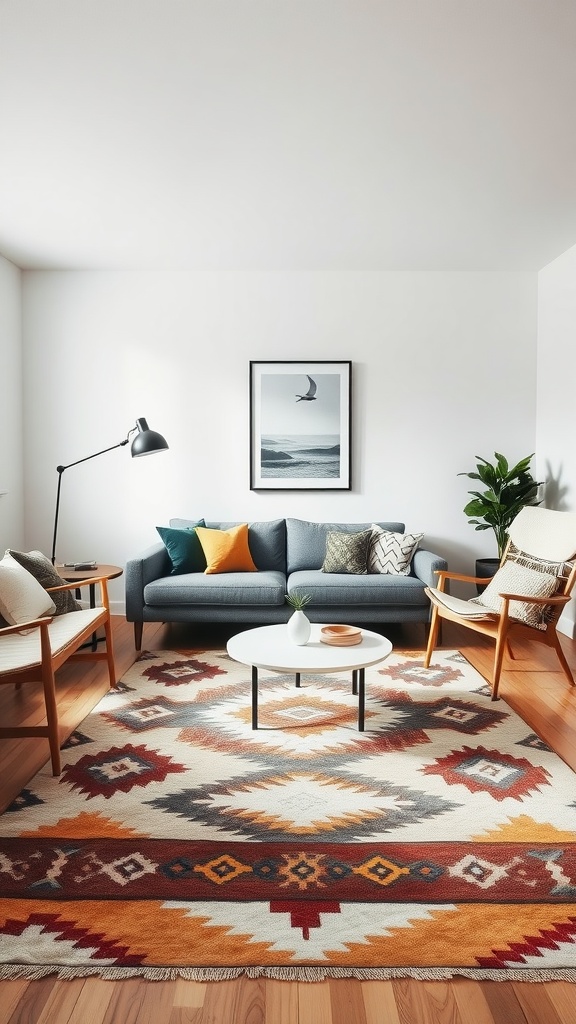 Cozy Scandinavian living room featuring a statement rug