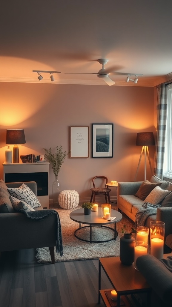 Cozy Scandinavian living room with warm lighting and candles