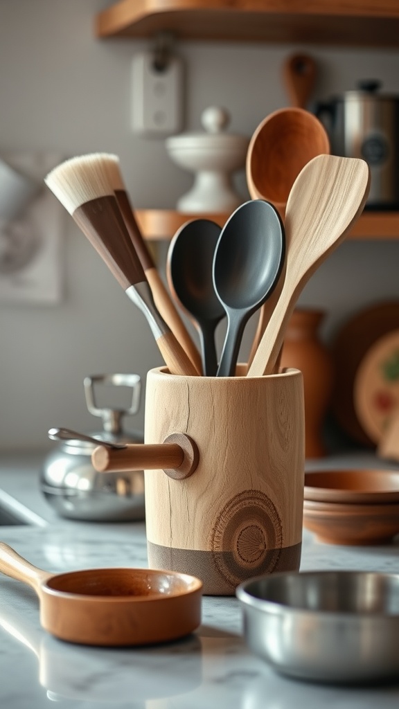 Stylish wooden utensil holder with various cooking utensils