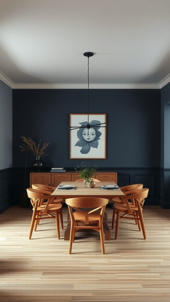 A dining room with subdued indigo walls and natural wood furniture, featuring a wooden table and chairs, as well as artwork on the wall.