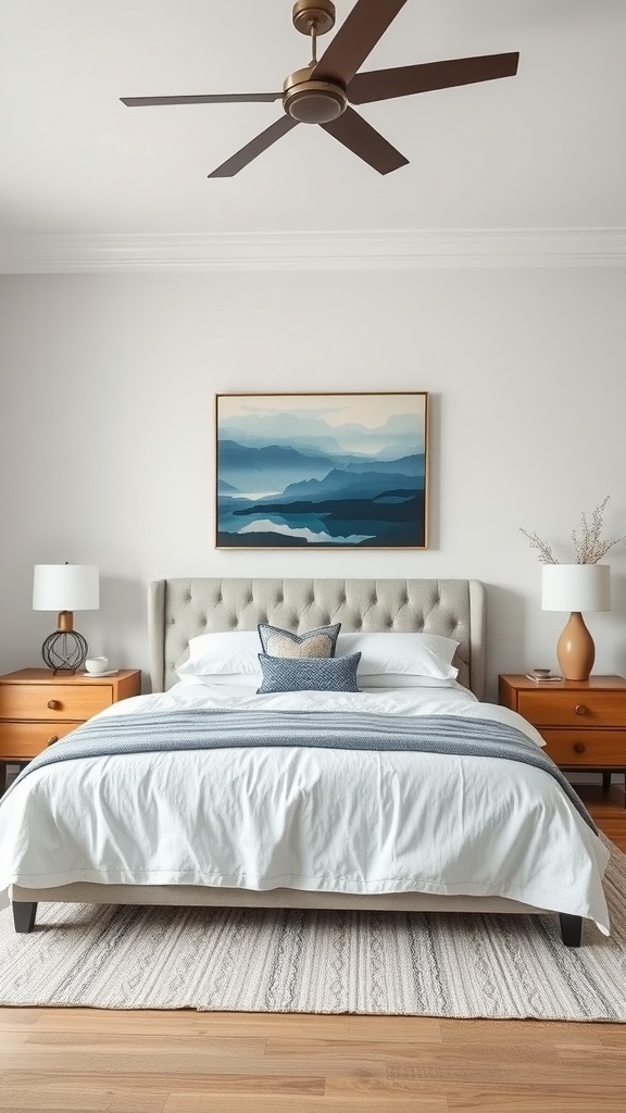 A modern farmhouse bedroom featuring subtle blue wall art with a cozy bed and wooden nightstands.