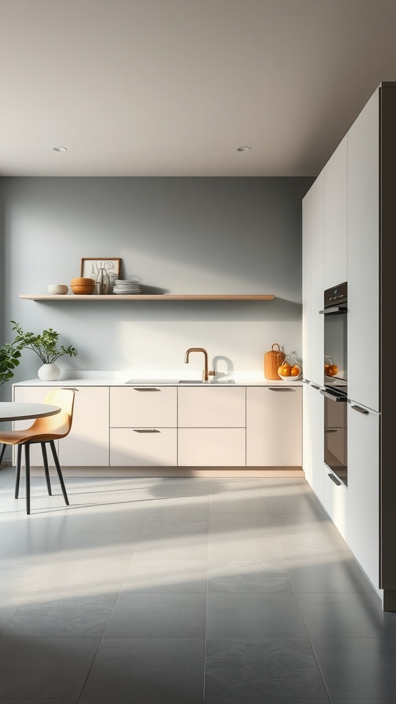 A modern kitchen featuring a subtle charcoal and cream color palette with wooden accents and natural light.