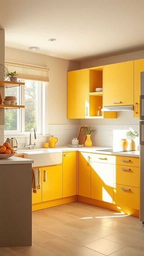 A bright yellow kitchen with sunny cabinets and neutral walls, featuring natural light and decorative elements.