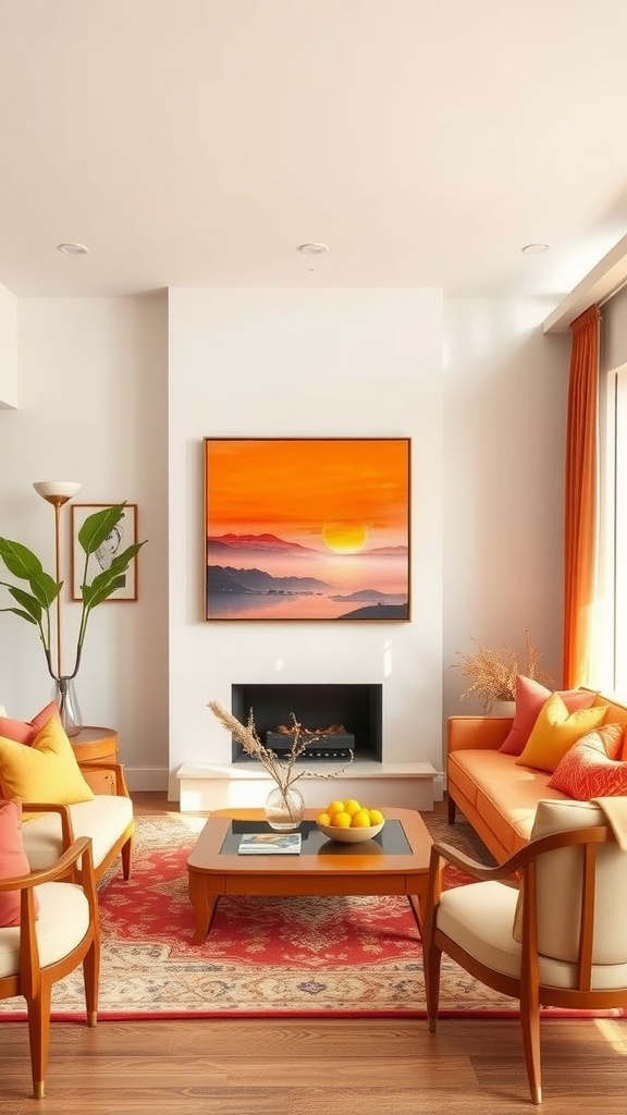 Coastal living room with sunset-inspired color palette featuring orange and yellow hues, comfortable seating, and natural elements.