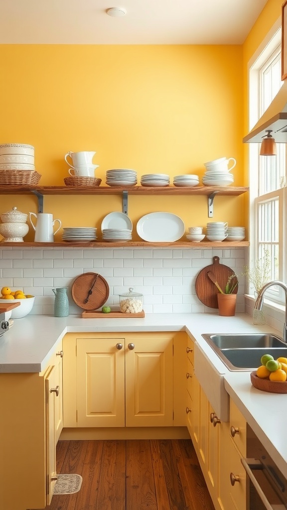 A modern farmhouse kitchen with yellow walls and open shelving displaying white dishware.
