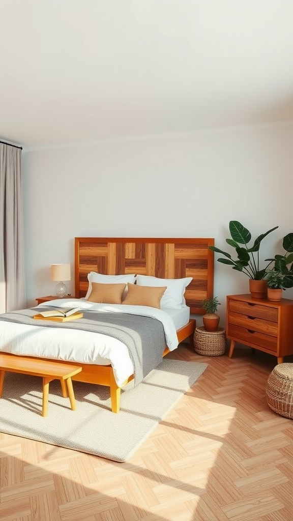 A cozy Japandi bedroom featuring natural wood furniture, soft textiles, and indoor plants.