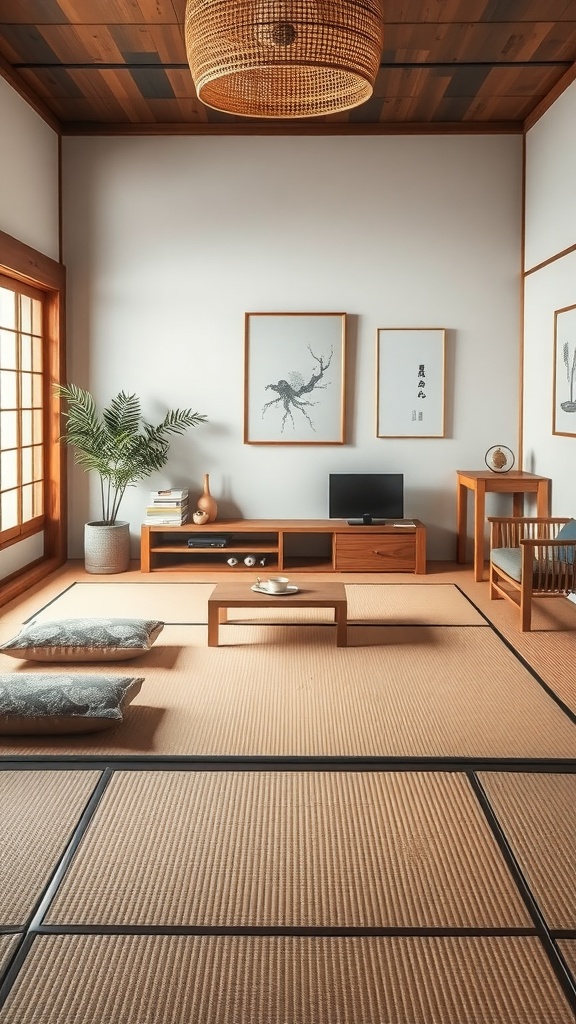 A Japandi-style bedroom featuring tatami mats, wooden furniture, and minimalistic decor.