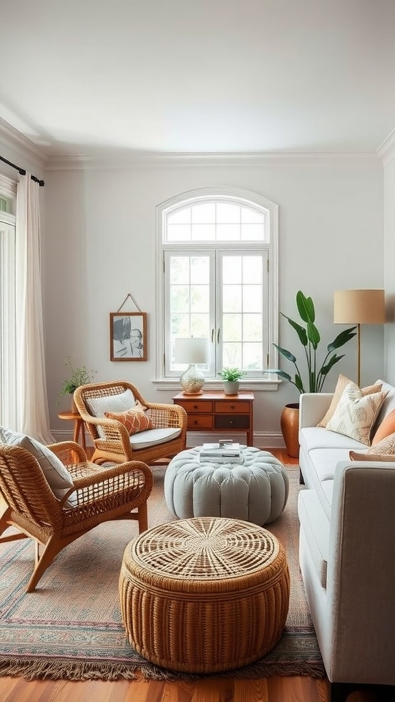 A boho living room featuring textured furniture including a light sofa, woven chairs, a round fabric coffee table, and a rattan ottoman.