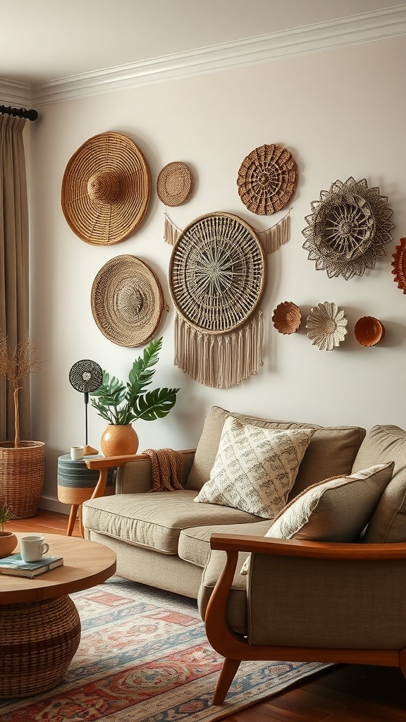 A cozy boho living room featuring textured wall decor with woven wall hangings and a comfortable sofa.