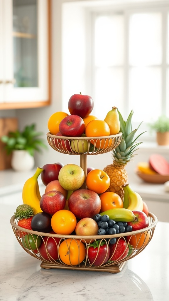 A tiered fruit basket display filled with various colorful fruits in a kitchen setting.