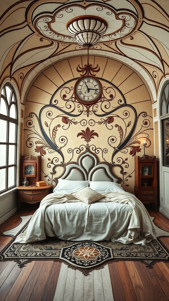 A beautifully designed Art Nouveau bedroom featuring intricate ceiling patterns, elegant bed, and ornate nightstands.