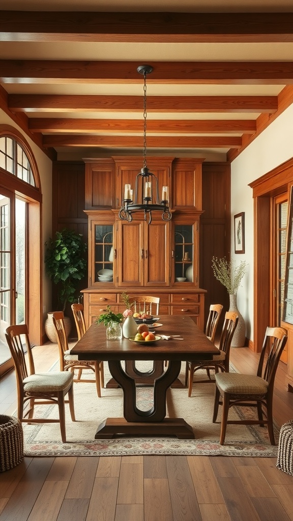 A warm and inviting dining room with a wooden table and chairs, highlighting the Arts and Crafts Movement style.