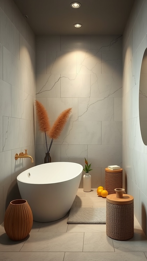 A modern Japandi bathroom featuring a freestanding bathtub, gold faucet, and natural decor elements.