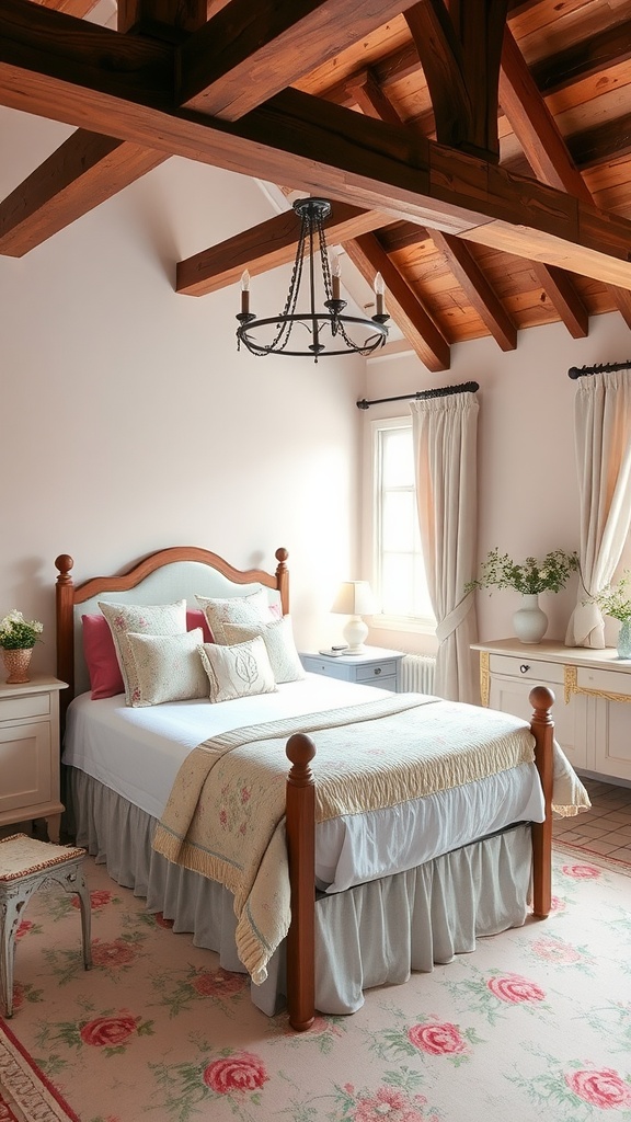 A classic French country bedroom with a wooden ceiling, elegant chandelier, floral bedding, and traditional decor.