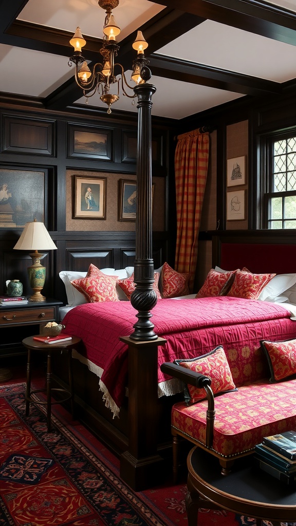 A beautifully decorated traditional bedroom featuring a wooden bed, warm lighting, and elegant decor.